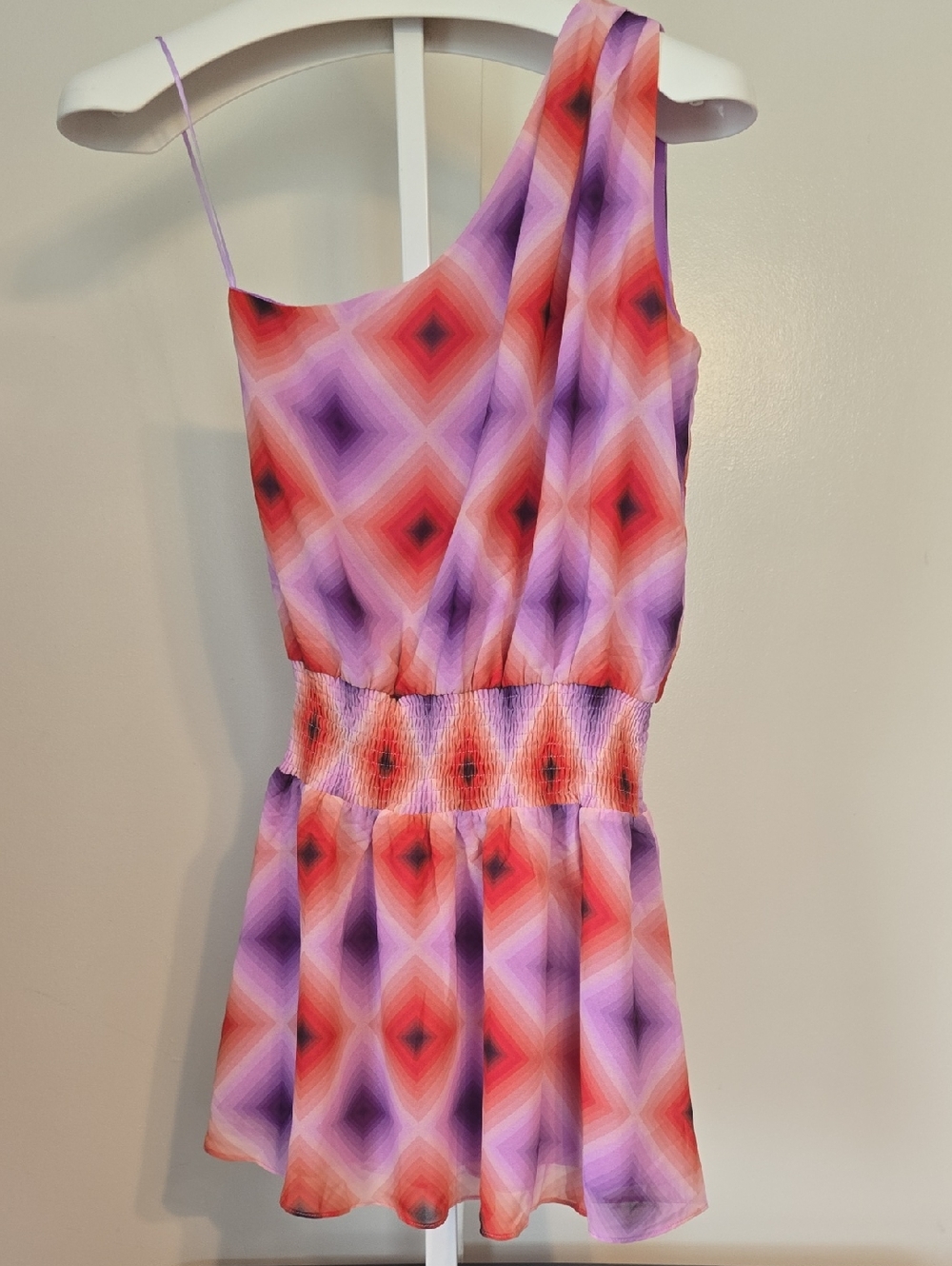 Olivaceous One-Shoulder Diamond Print Mini Dress in Purple and Red